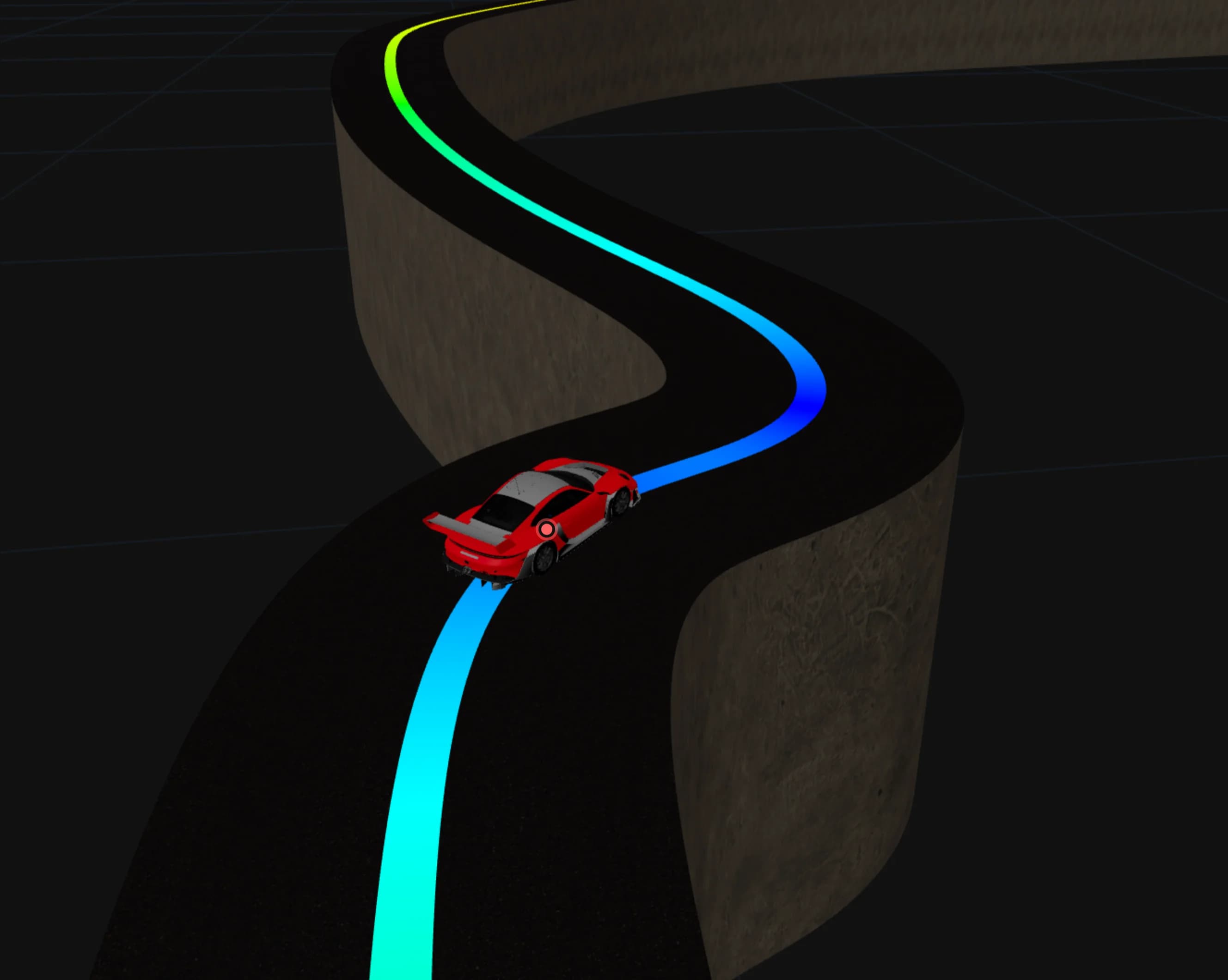 3D circuit view with a race car following the simulated racing line